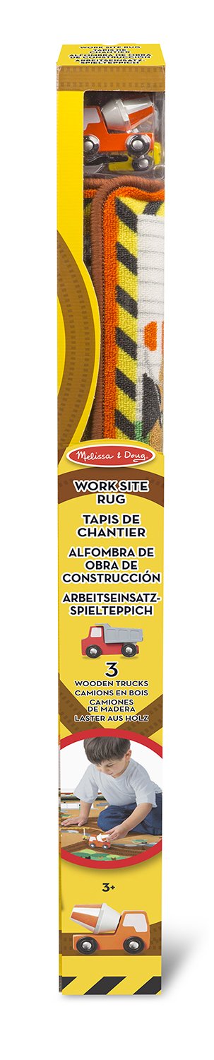Melissa & Doug Round the Construction Zone Work Site Rug With 3 Wooden Trucks (39 x 36 inches)