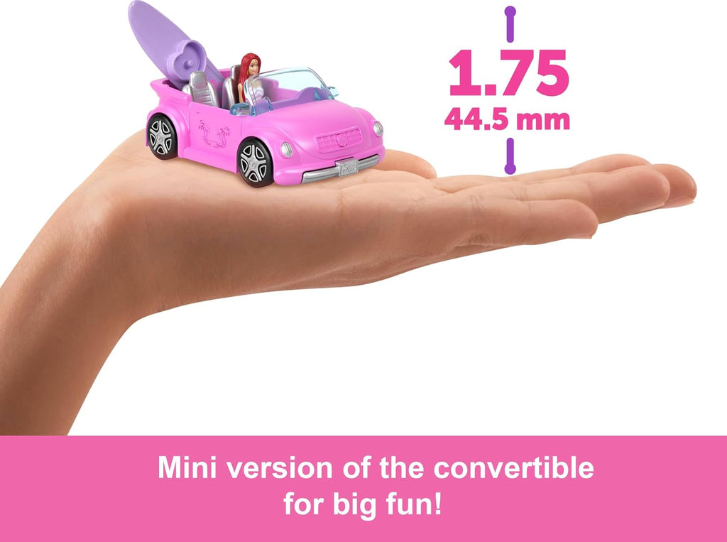 Barbie Mini BarbieLand Doll & Toy Vehicle Set, 1.5-inch Barbie Doll & Beach Convertible with Color-Change, Plus Beach Ac