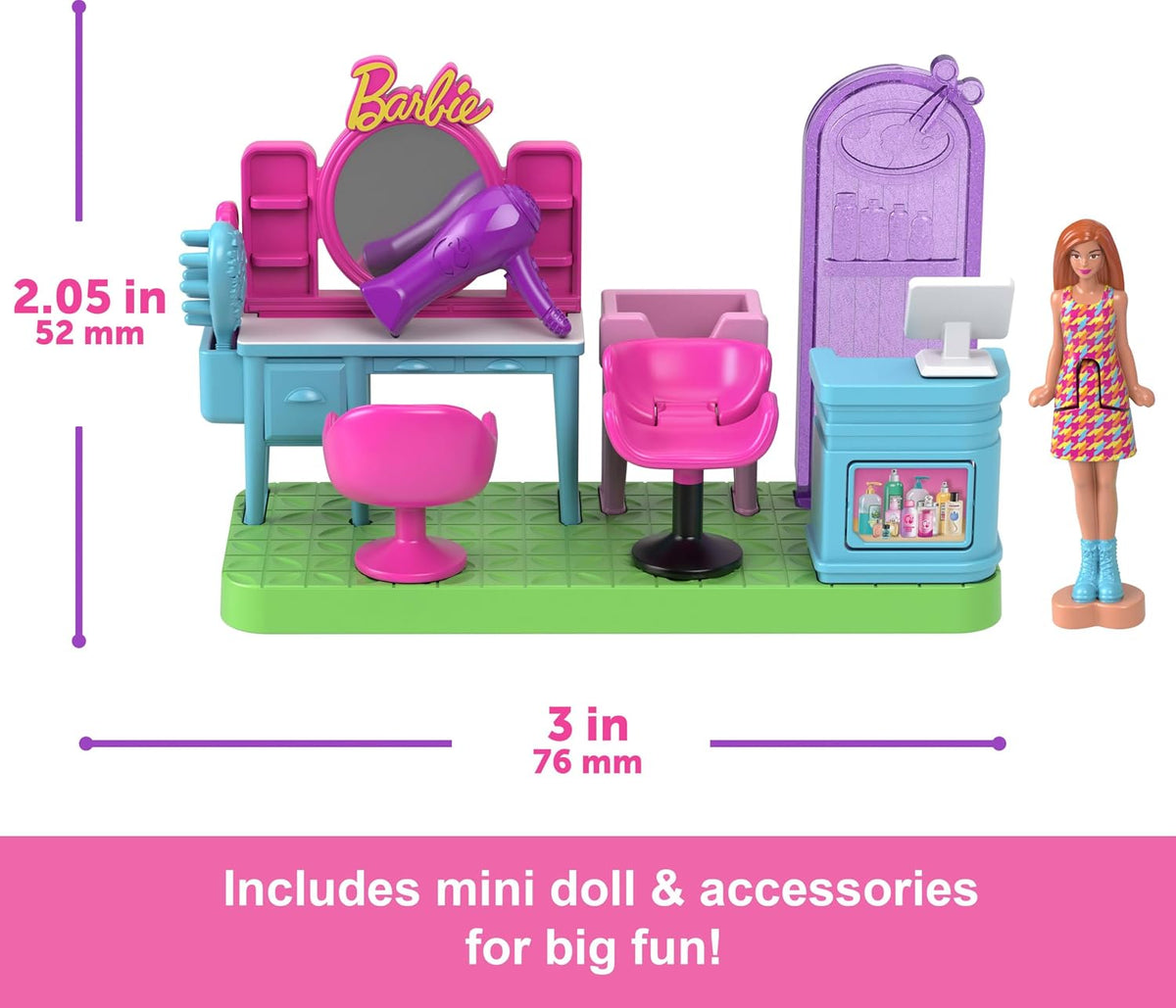 Barbie Mini BarbieLand Collectible Hair Salon Playset with 1.5-Inch Doll, Style Station with Mirror, Shampoo Area and Re