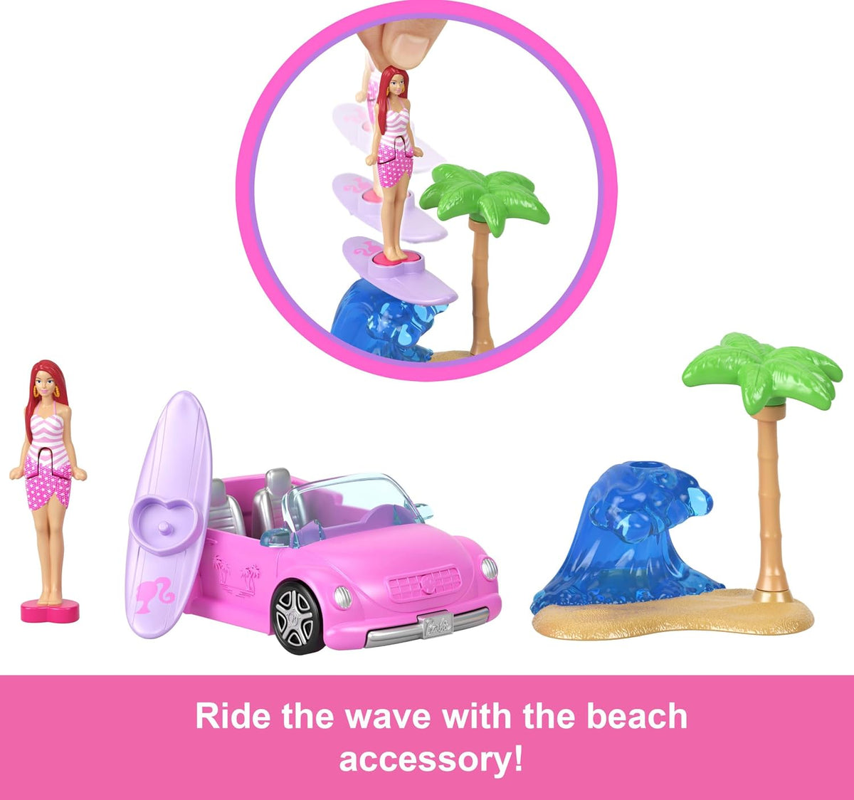 Barbie Mini BarbieLand Doll & Toy Vehicle Set, 1.5-inch Barbie Doll & Beach Convertible with Color-Change, Plus Beach Ac