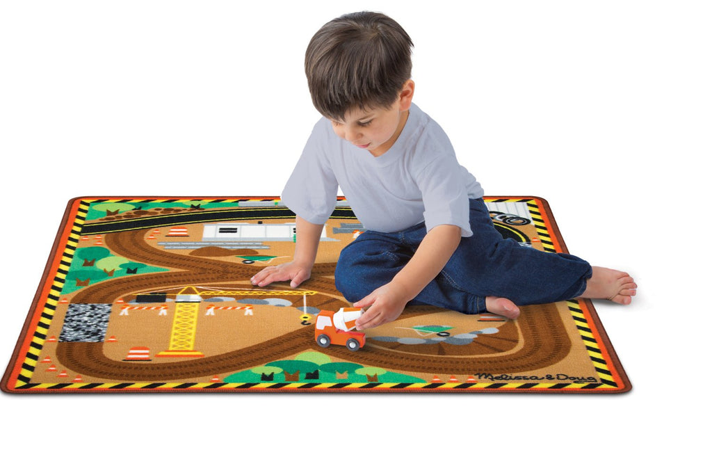 Melissa & Doug Round the Construction Zone Work Site Rug With 3 Wooden Trucks (39 x 36 inches)
