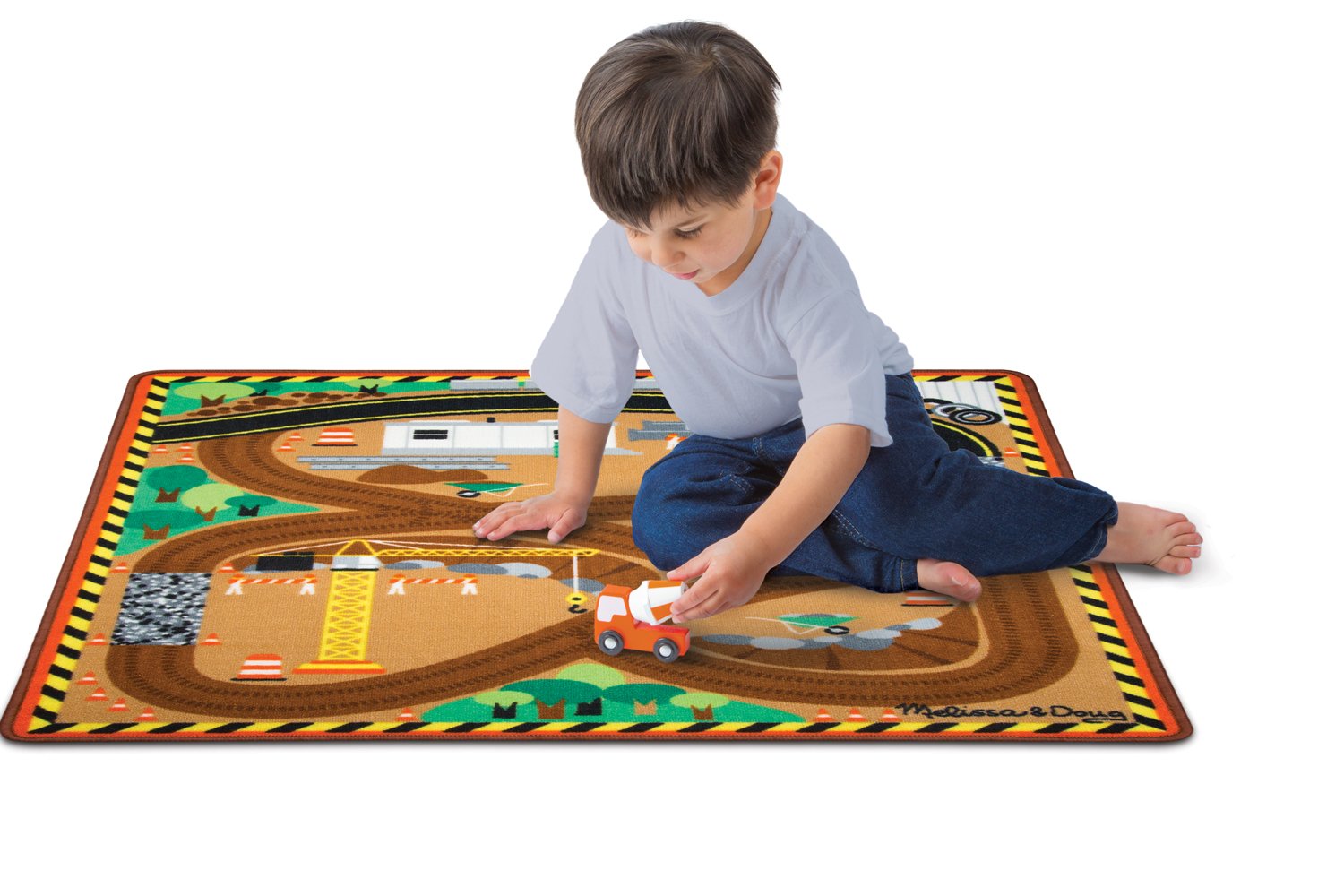 Melissa & Doug Round the Construction Zone Work Site Rug With 3 Wooden Trucks (39 x 36 inches)