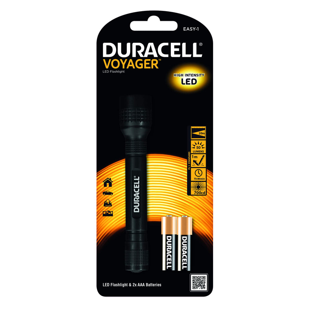 Duracell Flashlight, Voyager EASY Series Torches, Bright 50 and 70 Lumen LED Lights, Black Plastic Finish, Duracell Batteries Included (Pack of 2) (DUO-E)