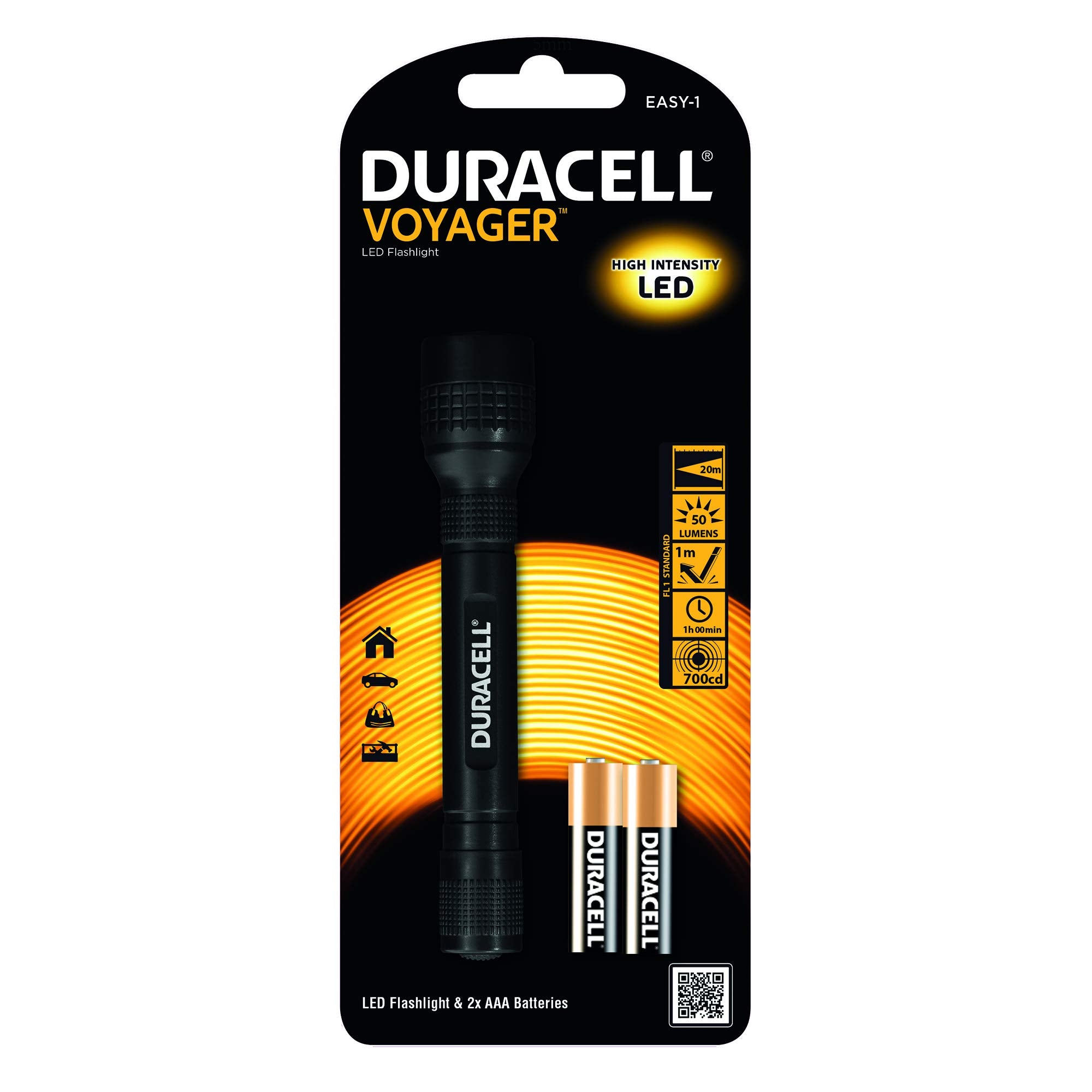 Duracell Flashlight, Voyager EASY Series Torches, Bright 50 and 70 Lumen LED Lights, Black Plastic Finish, Duracell Batteries Included (Pack of 2) (DUO-E)