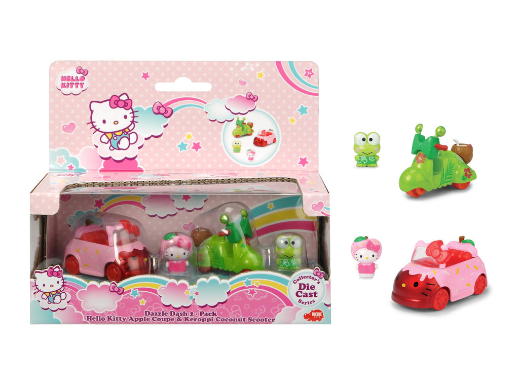 Dickie Toys Hello Kitty Apple + Keroppi Coconut, Set of 2, Vehicles and Figures Made of Cast Aluminium, Figures Removable, Vehicle Length: 6 cm, Figure Size: 2.5 cm, from 3 Years