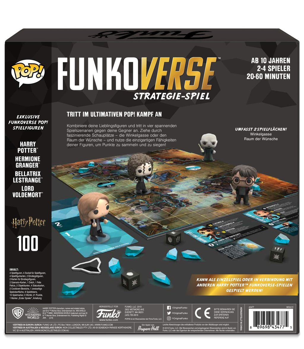 Funko Games Harry Potter 100 Funkoverse - (4 Characters Pack) Board Game, German Version - Harry, Hermione, Bellatrix LeStrange, Lord Voldemort - 3'' (7.6 Cm) POP! - Light Strategy Board Game