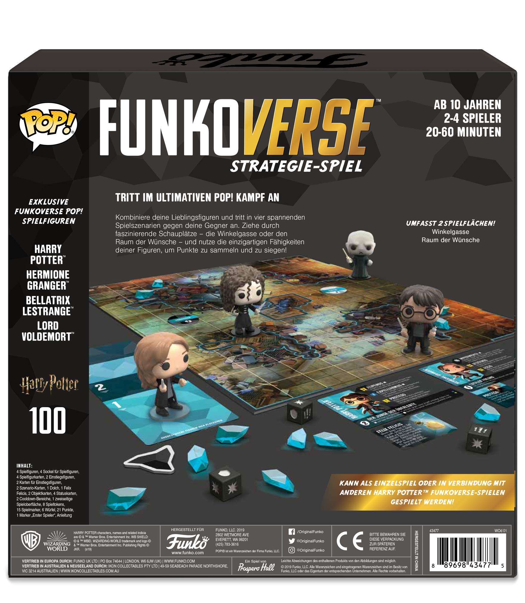 Funko Games Harry Potter 100 Funkoverse - (4 Characters Pack) Board Game, German Version - Harry, Hermione, Bellatrix LeStrange, Lord Voldemort - 3'' (7.6 Cm) POP! - Light Strategy Board Game