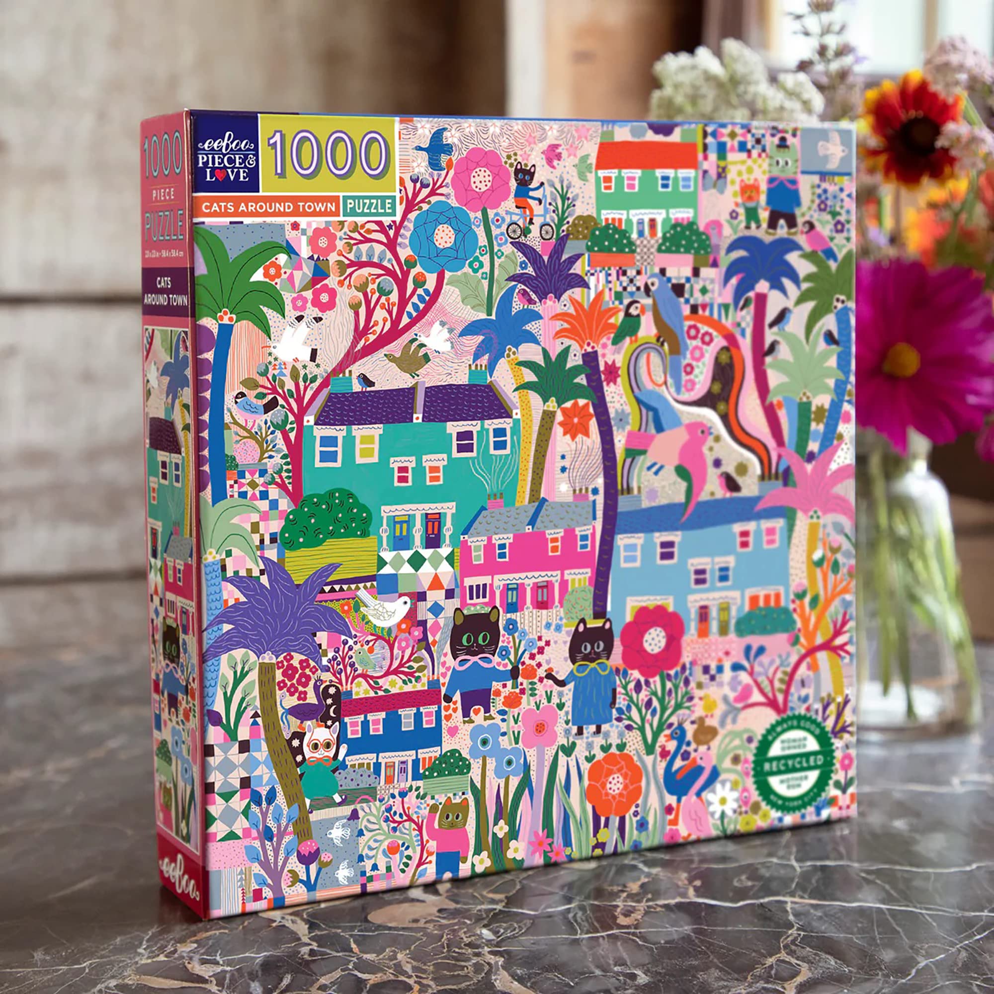 eeBoo Piece and Love Cats Around Town 1000 piece square adult Jigsaw Puzzle