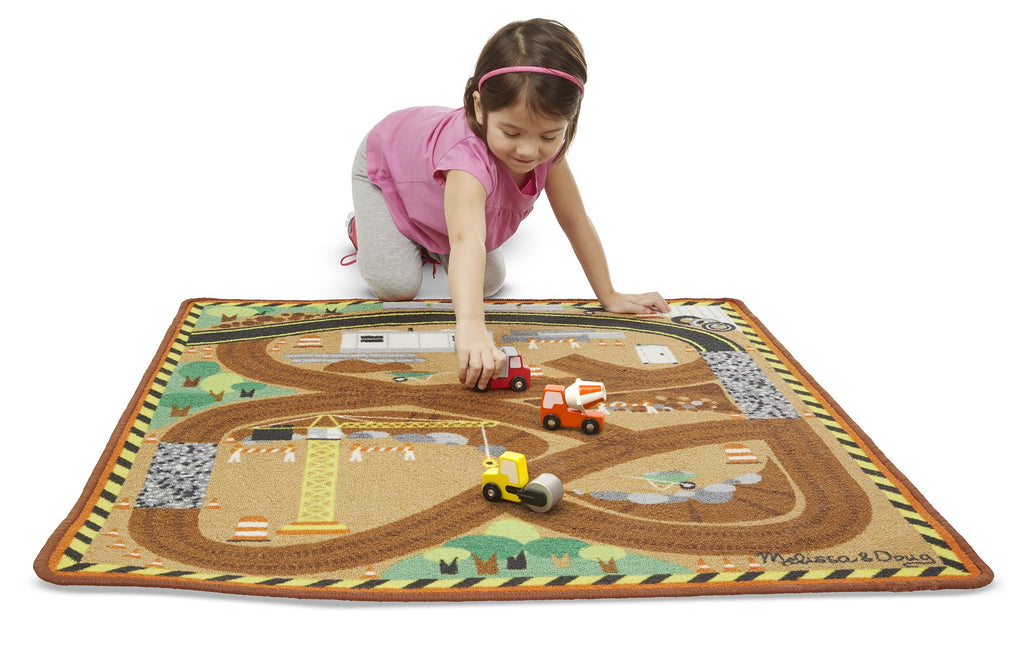Melissa & Doug Round the Construction Zone Work Site Rug With 3 Wooden Trucks (39 x 36 inches)