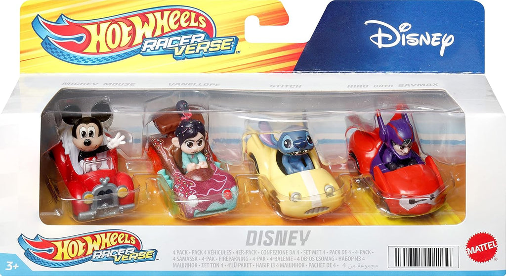 Hot Wheels RacerVerse, Set of 4 Die-Cast Disney Toy Cars Optimized for Hot Wheels Track with Popular Disney Characters a
