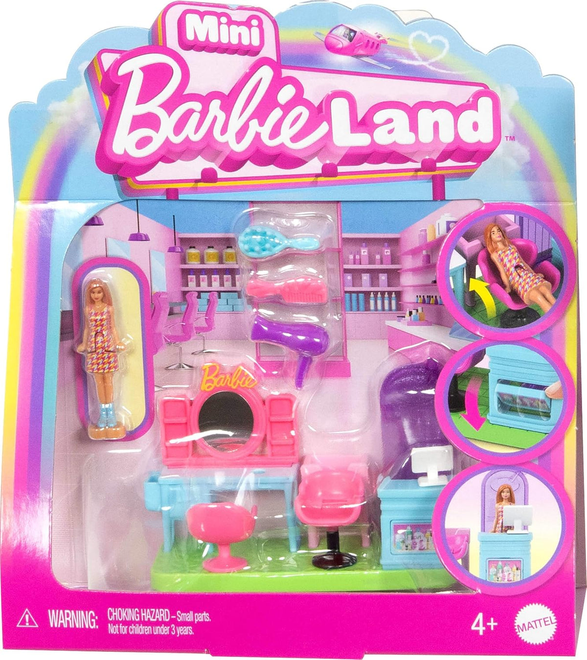 Barbie Mini BarbieLand Collectible Hair Salon Playset with 1.5-Inch Doll, Style Station with Mirror, Shampoo Area and Re