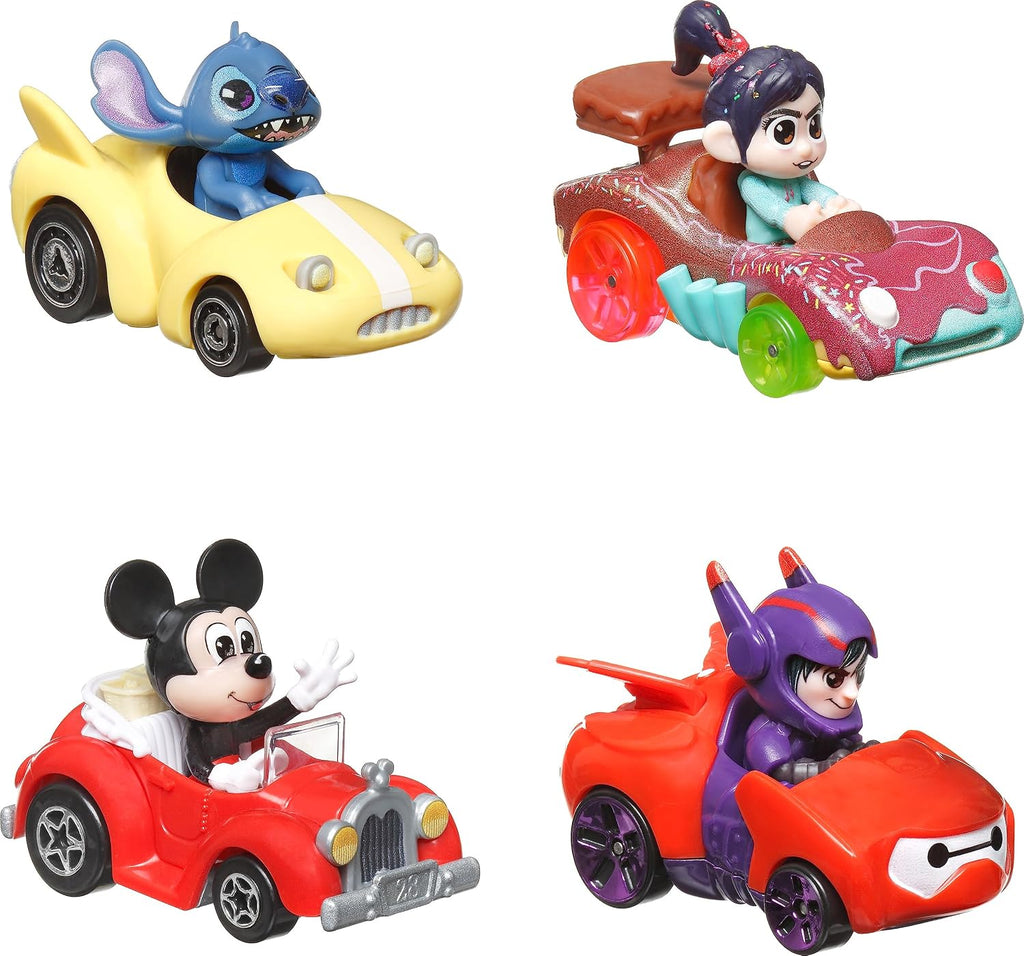 Hot Wheels RacerVerse, Set of 4 Die-Cast Disney Toy Cars Optimized for Hot Wheels Track with Popular Disney Characters a