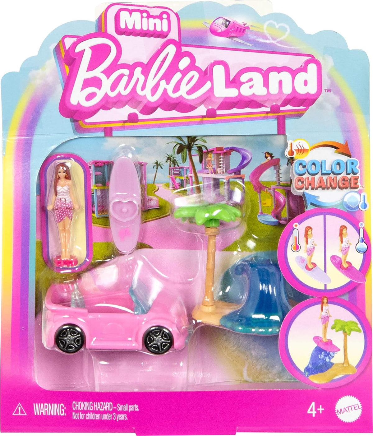 Barbie Mini BarbieLand Doll & Toy Vehicle Set, 1.5-inch Barbie Doll & Beach Convertible with Color-Change, Plus Beach Ac