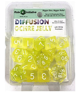 15 Set Diffusion Dice: Ochre Jelly with White Numbers - Celador Books & Gifts